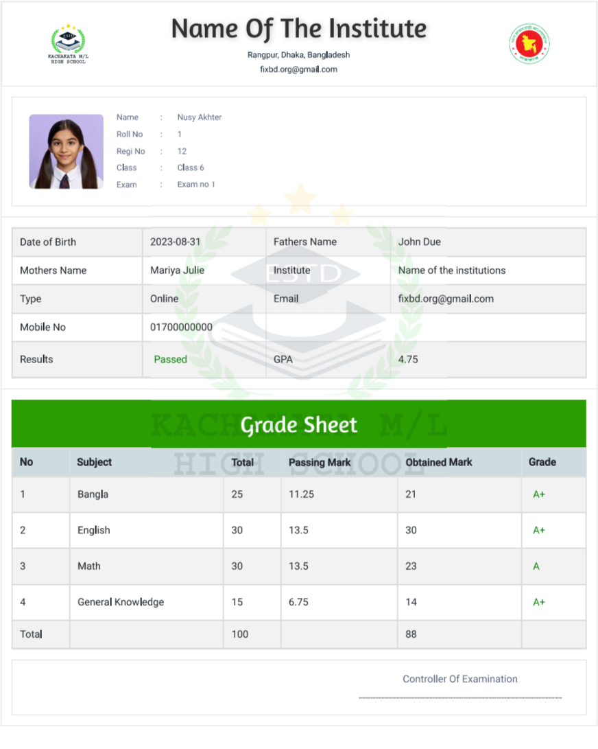 Scholarship Results Card